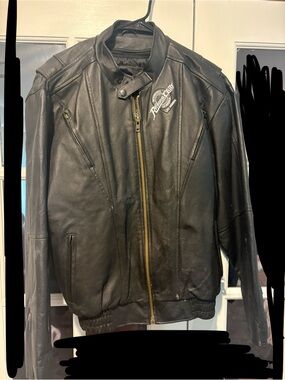 Classic Black Leather Bomber Jacket with Gold Zipper